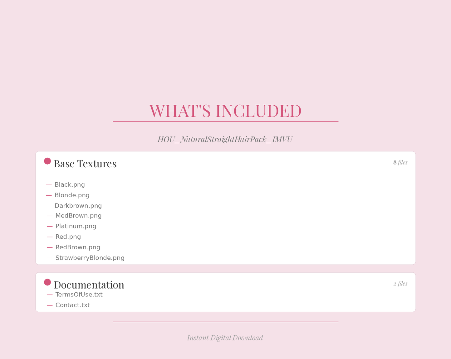 IMVU | Pacchetto Capelli Lisci Naturali - Collezione Completa | 8 Varianti di Texture